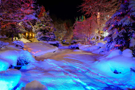 HD desktop wallpaper featuring a snow-covered Whistler Village at evening, with colorful lights reflecting on the snowy creek and trees.