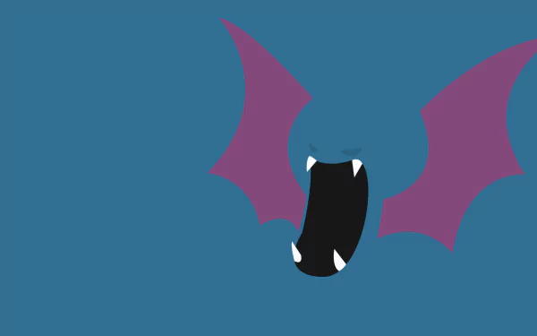 Minimalist gaming HD PC desktop wallpaper of Golbat (Pokémon): teal background with purple wings and an open fanged mouth, video game Pokémon art.