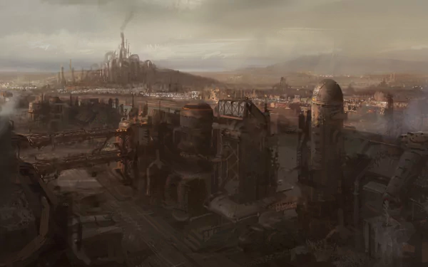HD PC desktop wallpaper showcasing a sprawling industrial cityscape from the video game Black Gold Online under a cloudy sky.