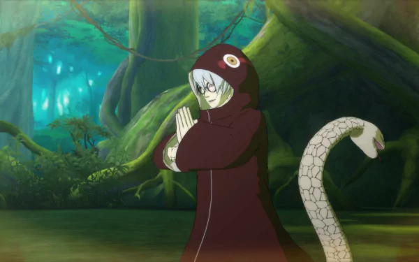 HD PC desktop wallpaper featuring Kabuto Yakushi from the Naruto Shippuden: Ultimate Ninja Storm Revolution video game, set in a lush, green forest environment.