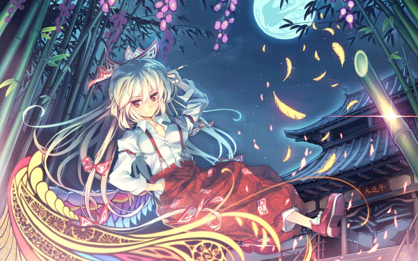 HD PC desktop wallpaper featuring Fujiwara no Mokou from Touhou, depicted with flowing hair and traditional attire against a vibrant night sky with a full moon and glowing petals.