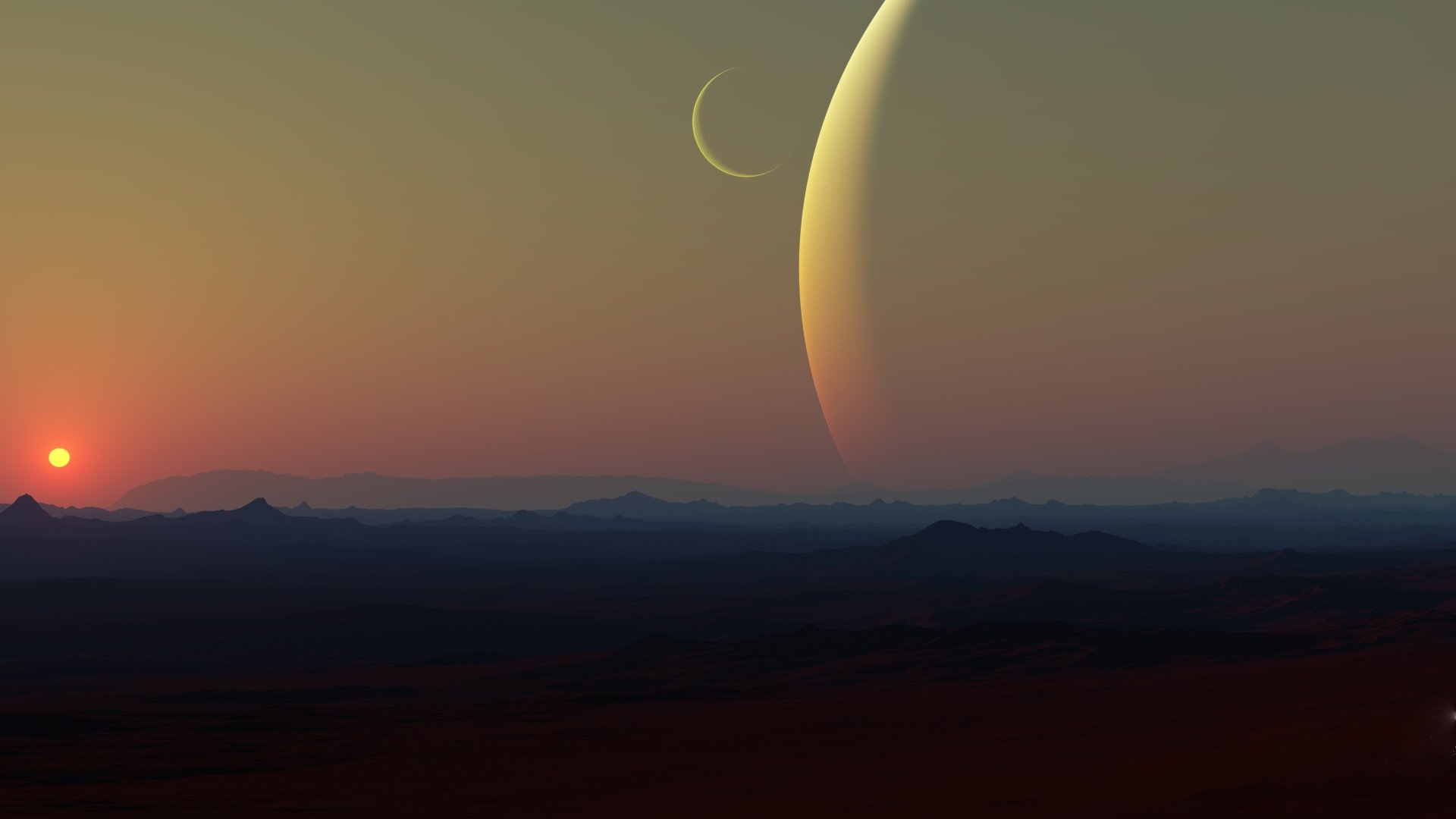 A stunning sci-fi landscape featuring a vast horizon under a colorful sky, with two celestial bodies rising in the background, presented as a 4K Ultra HD desktop wallpaper.