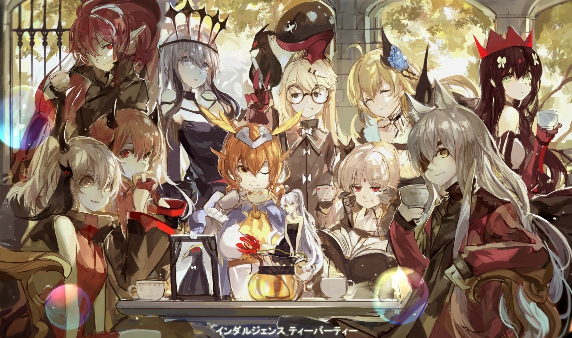 Anime-style HD desktop wallpaper from Pixiv Fantasia FK featuring detailed characters in a tea party setting, part of the Pixiv Fantasia Fallen Kings series.