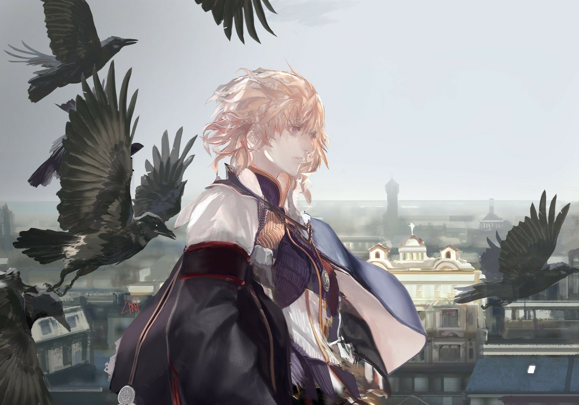 HD anime desktop wallpaper from Pixiv Fantasia FK, depicting a blonde character with birds flying around against a cityscape, inspired by Pixiv Fantasia Fallen Kings.