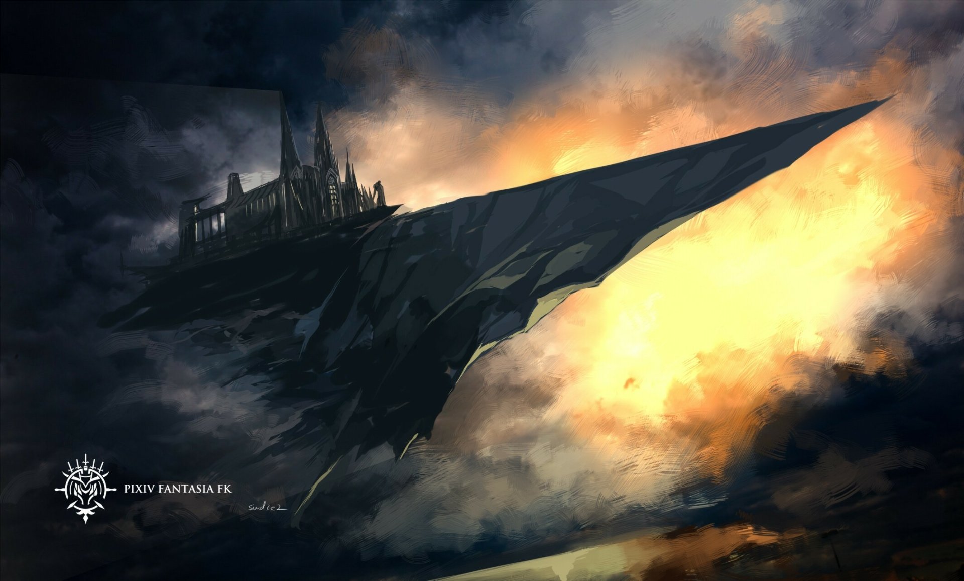 Dramatic anime-style HD desktop wallpaper from Pixiv Fantasia FK, featuring a dark floating fortress with glowing skies, part of the Pixiv Fantasia Fallen Kings series.