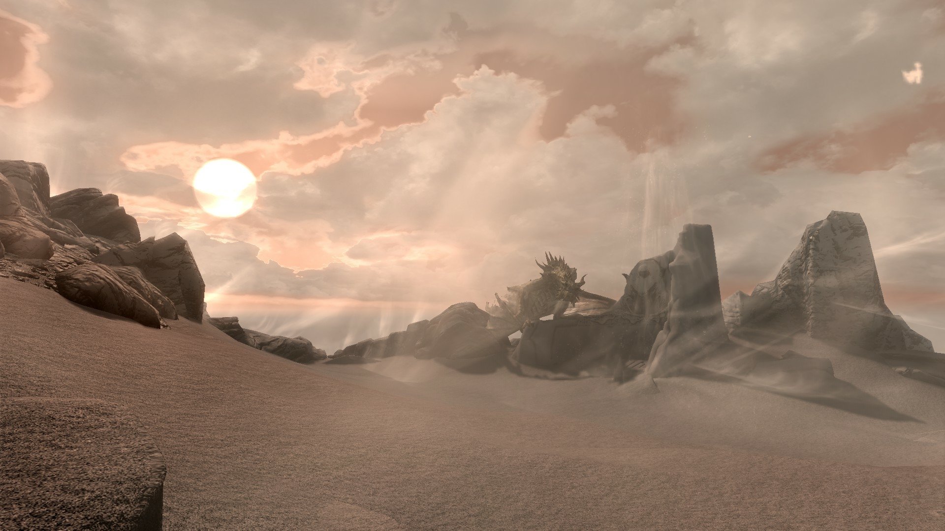 A dramatic landscape from The Elder Scrolls V: Skyrim featuring rocky terrain, a rising sun, and a dragon flying above, captured in HD for a PC desktop wallpaper.