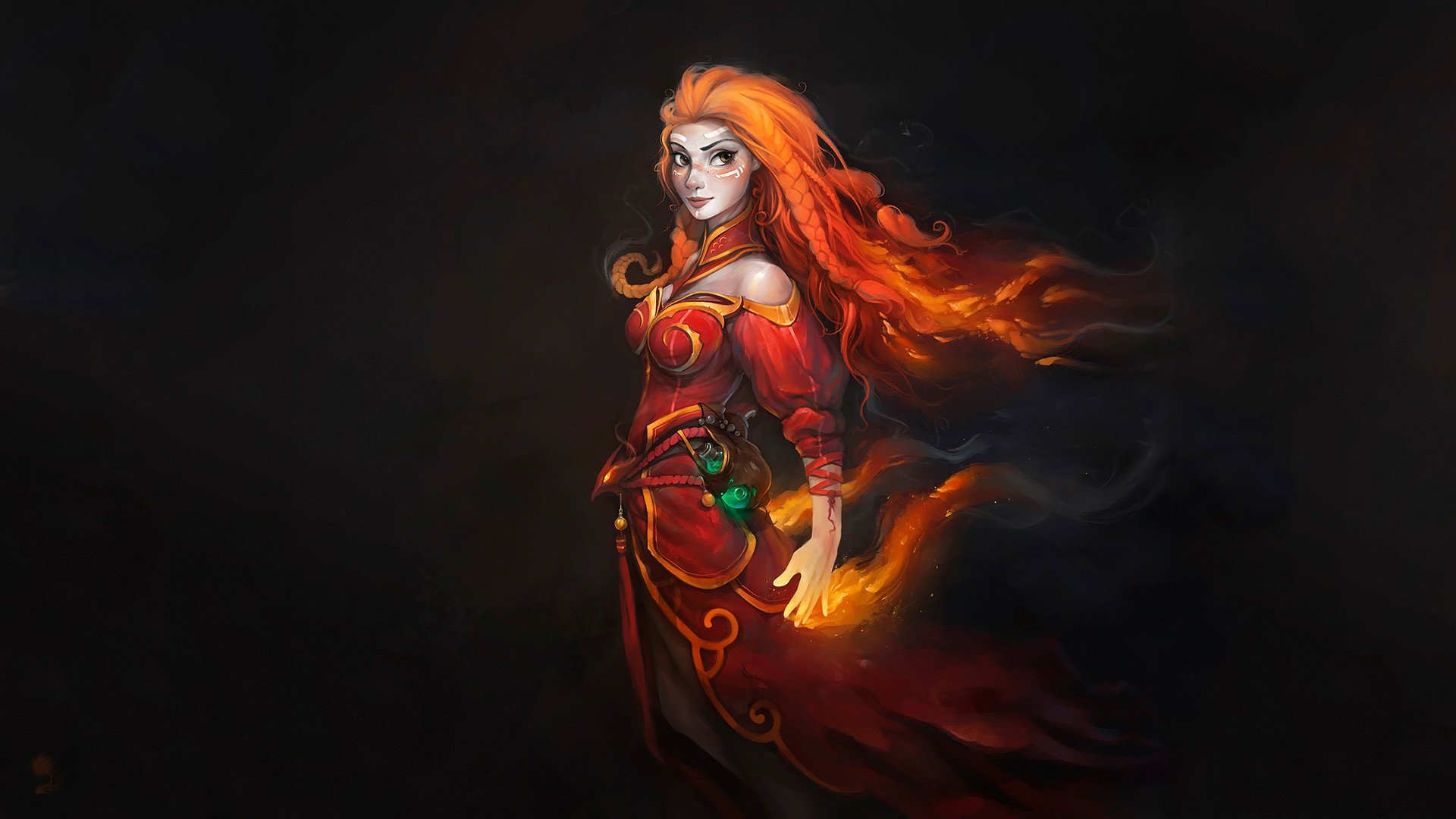 HD PC desktop wallpaper featuring a fiery character from the video game DotA 2, with vibrant red and orange flames against a dark background.