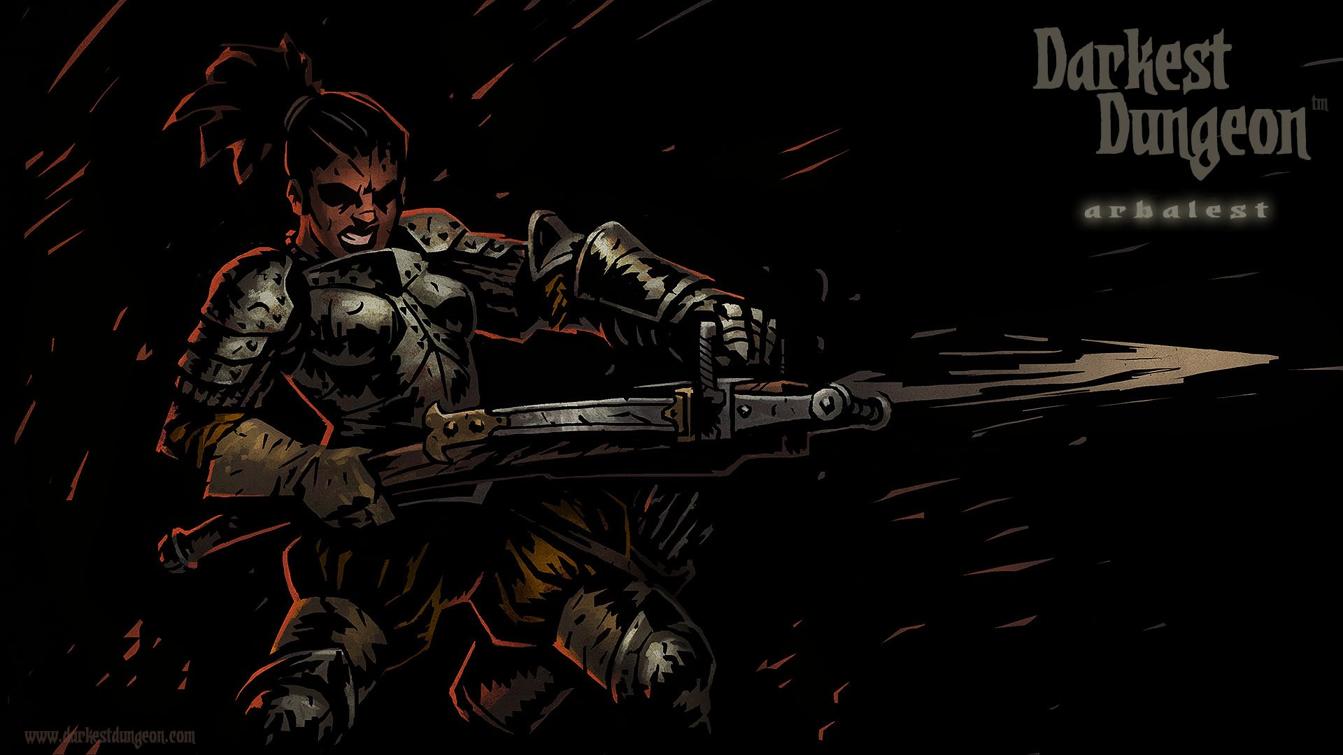 HD PC desktop wallpaper featuring a fierce character from the video game Darkest Dungeon, wielding a large firearm amid dark, intense surroundings.