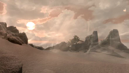 A dramatic landscape from The Elder Scrolls V: Skyrim featuring rocky terrain, a rising sun, and a dragon flying above, captured in HD for a PC desktop wallpaper.