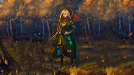 A vibrant HD wallpaper featuring Windranger from DotA 2, standing confidently in a forest setting with autumn foliage, capturing the essence of the video game's aesthetic.