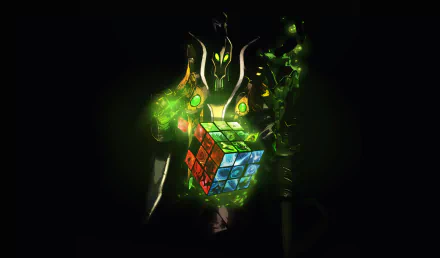 A vibrant HD desktop wallpaper featuring a character from DotA 2, showcasing a mystical figure holding a glowing Rubik's Cube amid swirling green energy.