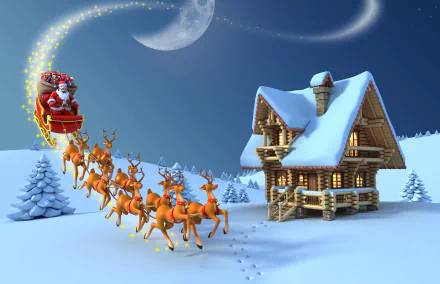 HD wallpaper of Santa Claus flying in a sleigh pulled by reindeer over a snowy landscape with a cozy log cabin, under a moonlit sky, evoking a festive Christmas holiday scene.