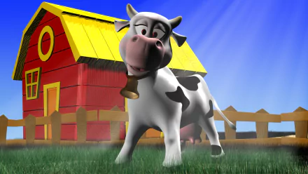 A vibrant 3D cartoon cow with a bell stands in front of a red barn with a yellow roof under a clear blue sky, designed as HD PC desktop wallpaper and artistic 3D art.