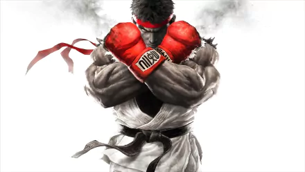 Ryu from Street Fighter V stands confidently with his muscular arms crossed, wearing red boxing gloves. The image serves as a striking HD wallpaper for fans of the iconic video game.