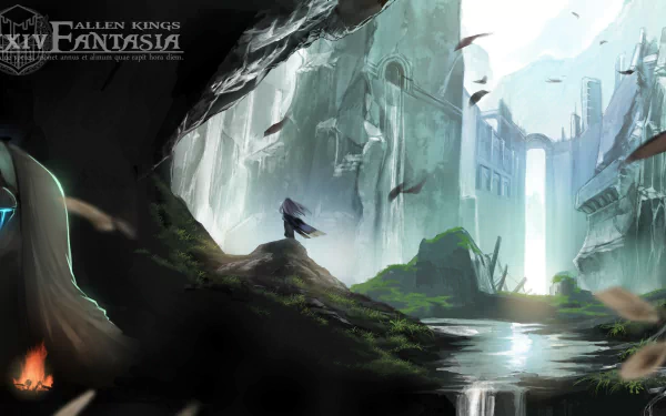 Anime landscape from Pixiv Fantasia Fallen Kings featuring a mysterious figure overlooking a misty, ruined city in this HD PC desktop wallpaper and background.