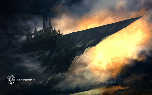 Dramatic anime-style HD desktop wallpaper from Pixiv Fantasia FK, featuring a dark floating fortress with glowing skies, part of the Pixiv Fantasia Fallen Kings series.