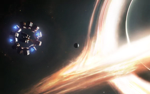 4K Ultra HD sci-fi PC wallpaper showing a spacecraft near a glowing, swirling planet and its moon against the dark expanse of space.