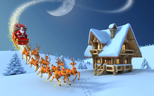 HD wallpaper of Santa Claus flying in a sleigh pulled by reindeer over a snowy landscape with a cozy log cabin, under a moonlit sky, evoking a festive Christmas holiday scene.