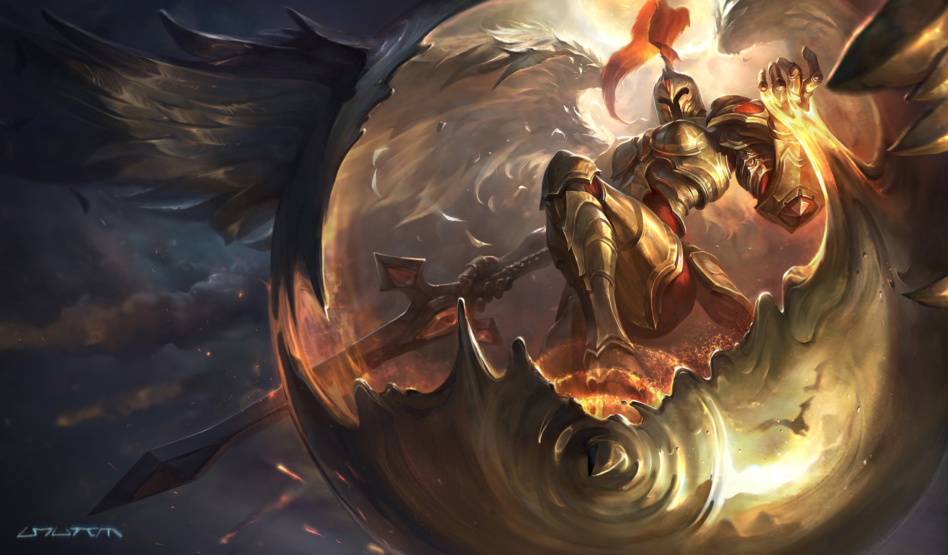 High-definition wallpaper featuring Kayle from League of Legends, showcasing her armored figure and majestic wings in an action-packed scene. Perfect for gaming enthusiasts.