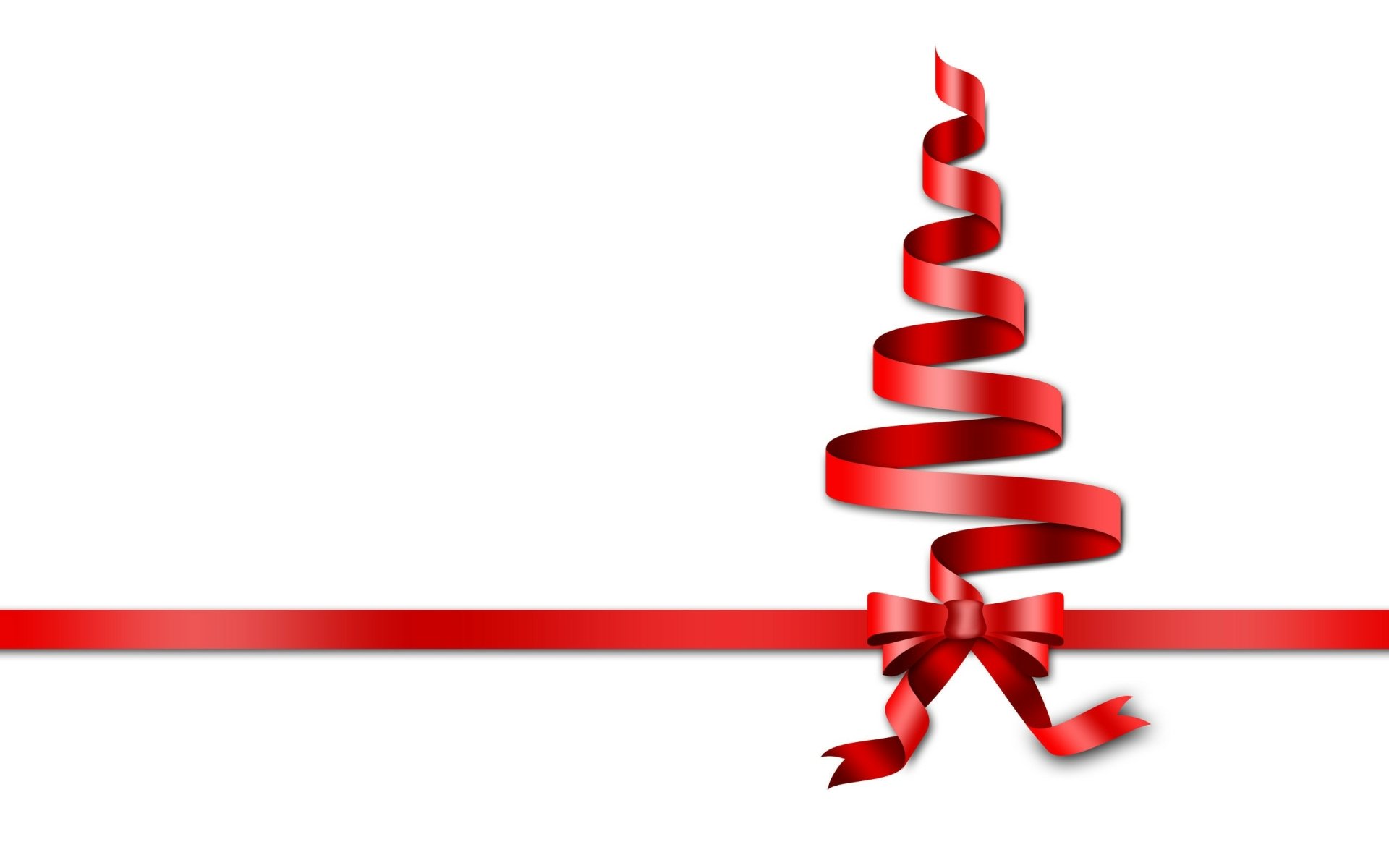 HD PC desktop wallpaper featuring a minimalist Christmas tree made from a red ribbon with a bow against a white background, capturing a festive holiday spirit.