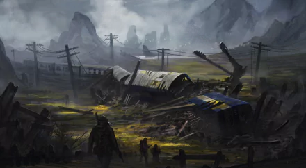 A post-apocalyptic sci-fi landscape with abandoned structures and power lines under a cloudy sky, rendered in stunning 4K Ultra HD for PC desktop wallpaper.