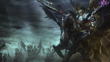 HD desktop wallpaper featuring Xin Zhao from League of Legends, showcasing a dynamic scene with a dark, armored warrior on a horse amidst a foggy battlefield.