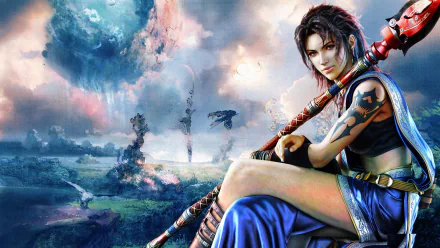 Oerba Yun Fang from Final Fantasy XIII poses confidently with her weapon, set against a vibrant, fantastical landscape, creating an engaging HD desktop wallpaper.