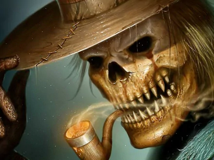 A dark and creepy HD desktop wallpaper featuring a menacing skeleton wearing a hat, holding a pipe, exuding an eerie atmosphere.