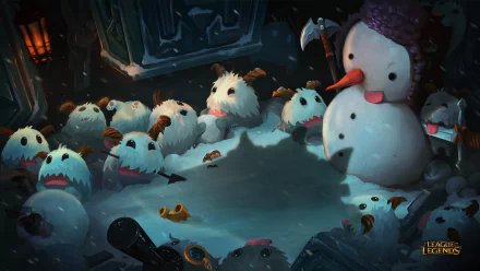 A whimsical League of Legends HD wallpaper featuring snowball creatures huddled around a cheerful snowman, creating a festive and playful winter scene.