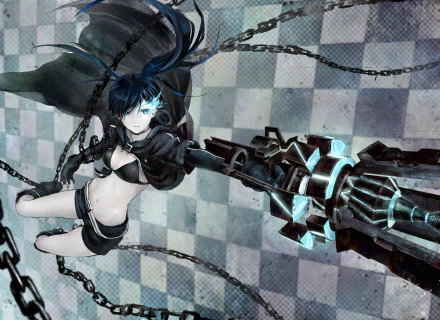 HD anime desktop wallpaper featuring Black Rock Shooter wielding a large futuristic weapon, set against a dynamic checkered background with floating chains.