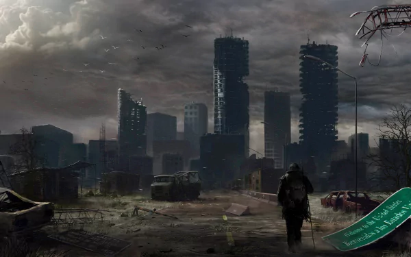 A lone figure walks through a desolate, post-apocalyptic cityscape, featuring crumbling skyscrapers and a dramatic, overcast sky. A striking HD sci-fi wallpaper backdrop.