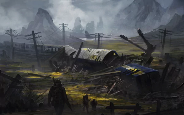 A post-apocalyptic sci-fi landscape with abandoned structures and power lines under a cloudy sky, rendered in stunning 4K Ultra HD for PC desktop wallpaper.