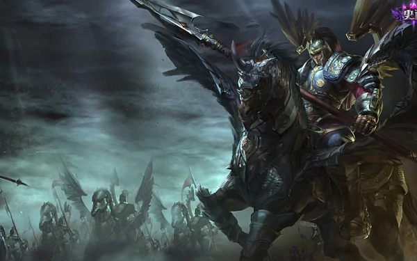 HD desktop wallpaper featuring Xin Zhao from League of Legends, showcasing a dynamic scene with a dark, armored warrior on a horse amidst a foggy battlefield.