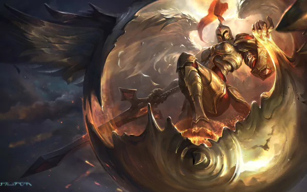 High-definition wallpaper featuring Kayle from League of Legends, showcasing her armored figure and majestic wings in an action-packed scene. Perfect for gaming enthusiasts.