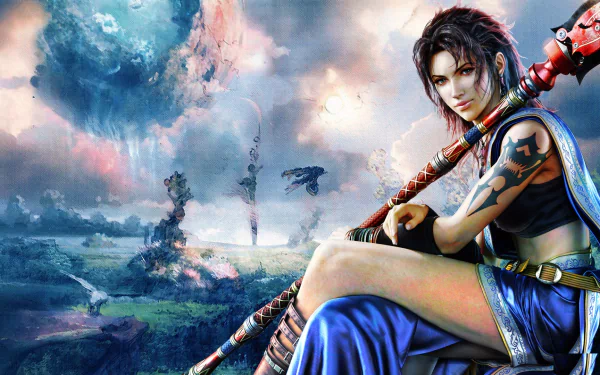 Oerba Yun Fang from Final Fantasy XIII poses confidently with her weapon, set against a vibrant, fantastical landscape, creating an engaging HD desktop wallpaper.
