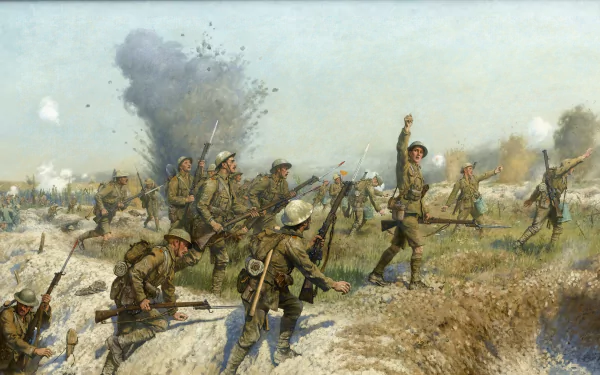 A dramatic depiction of World War I soldiers in action amidst explosions, this HD desktop wallpaper captures the intensity and chaos of military conflict.