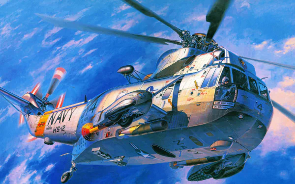 Military Sikorsky SH-3 Sea King helicopter in flight against a vivid blue sky, captured in stunning detail for an 8K Ultra HD PC desktop wallpaper.