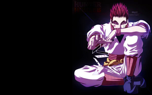 HD desktop wallpaper of Hisoka from Hunter x Hunter anime, featuring the character against a dark background.