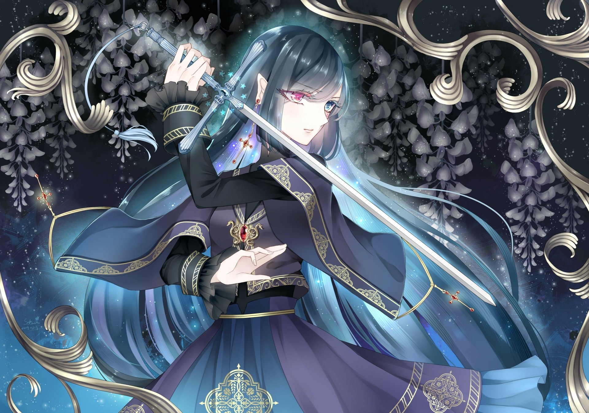 Anime-style HD PC desktop wallpaper from Pixiv Fantasia, featuring a character wielding a glowing sword amidst intricate dark floral and ornate designs.