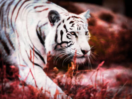 HD desktop wallpaper featuring a majestic white tiger walking through a reddish-hued natural landscape.