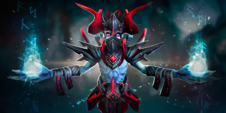 HD PC wallpaper: Lich (DotA 2) with red horns, spiked black-red armor, glowing blue hands and icy torso in a dark, mystical video game background.