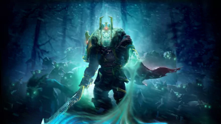 A striking HD wallpaper featuring Wraith King from Dota 2, surrounded by ethereal spirits in a dark, mystical forest, showcasing the game's immersive fantasy atmosphere.