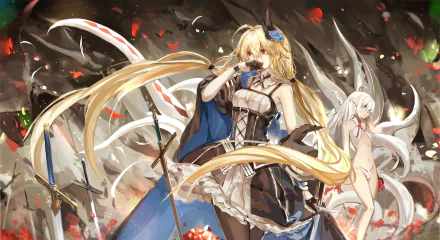Anime-style HD wallpaper featuring a blonde-haired female character in a blue and white outfit amid a dynamic, swirling battle scene with falling red petals, from Pixiv Fantasia series.