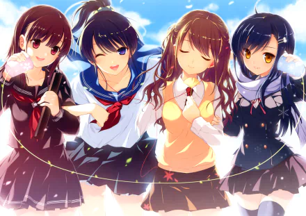 Colorful anime illustration featuring four girls in school uniforms with various hairstyles and eye colors, playfully smiling and winking, set against a bright, cheerful background.