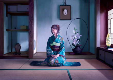 An elegant anime scene featuring a young woman in a kimono, seated in a traditional room adorned with flowers, a decorative mask, and softly lit by natural light.
