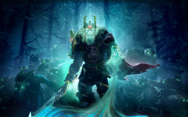 A striking HD wallpaper featuring Wraith King from Dota 2, surrounded by ethereal spirits in a dark, mystical forest, showcasing the game's immersive fantasy atmosphere.