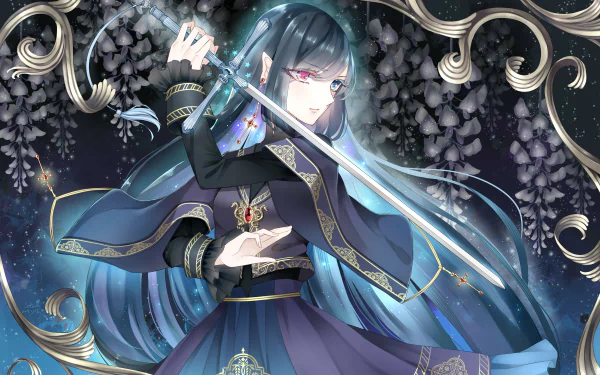 Anime-style HD PC desktop wallpaper from Pixiv Fantasia, featuring a character wielding a glowing sword amidst intricate dark floral and ornate designs.