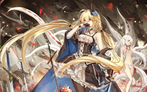 Anime-style HD wallpaper featuring a blonde-haired female character in a blue and white outfit amid a dynamic, swirling battle scene with falling red petals, from Pixiv Fantasia series.