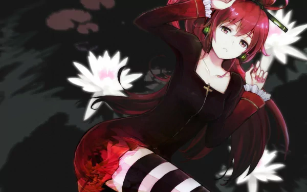 HD PC desktop wallpaper featuring CUL from Vocaloid in anime style, with striking red and black tones and white floral accents.