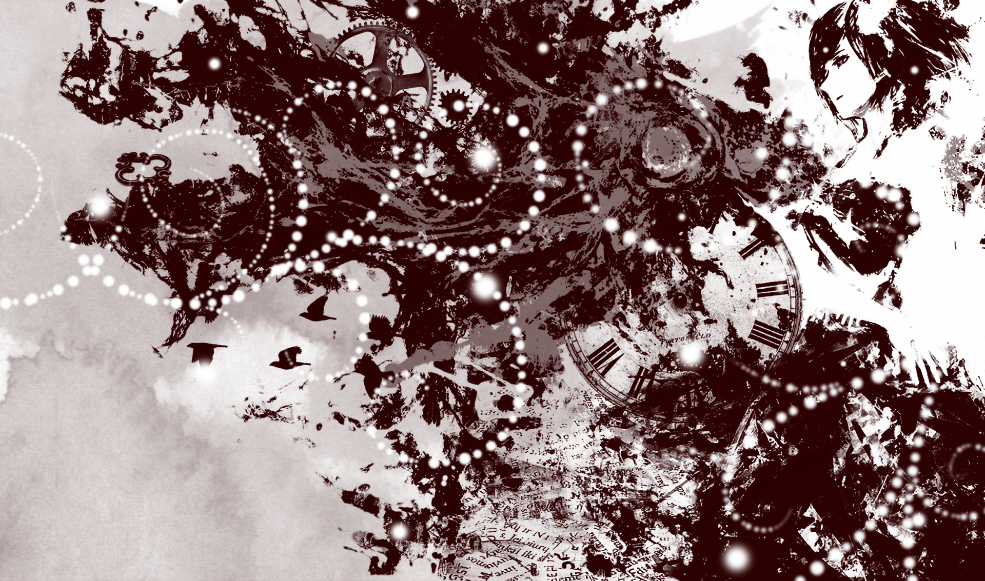 HD PC desktop wallpaper featuring Touka Kirishima from Tokyo Ghoul, with an artistic black and white design incorporating clock and abstract elements.
